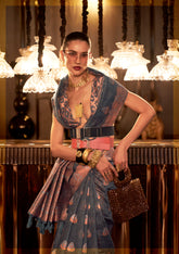 Grey Pure Linen Saree With Copper Zari Weaving