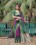 Green And Purple Paithani with Bandhej Saree With Zari Weaving
