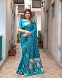 Teal Handpicked Soft Dola Silk Bandhani Saree With Zari Weaving Design