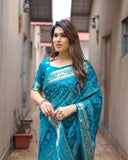 Teal Handpicked Soft Dola Silk Bandhani Saree With Zari Weaving Design
