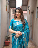 Teal Handpicked Soft Dola Silk Bandhani Saree With Zari Weaving Design