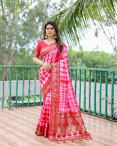 Red And White Soft Dola Silk Shibori Saree With Zari Weaving