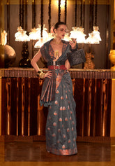 Grey Pure Linen Saree With Copper Zari Weaving