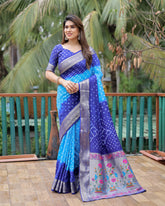 Blue And Sky Paithani with Bandhej Saree With Zari Weaving