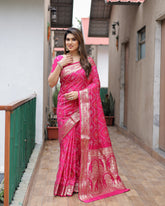 Pink Handpicked Soft Dola Silk Bandhani Saree With Zari Weaving Design