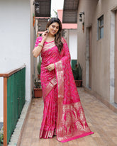 Pink Handpicked Soft Dola Silk Bandhani Saree With Zari Weaving Design