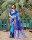 Blue And Sky Paithani with Bandhej Saree With Zari Weaving