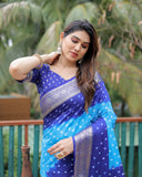 Blue And Sky Paithani with Bandhej Saree With Zari Weaving