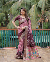 Brown And Peach Paithani with Bandhej Saree With Zari Weaving