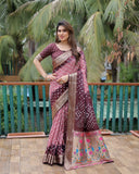 Brown And Peach Paithani with Bandhej Saree With Zari Weaving