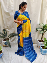 Blue And Yellow Pure Silk Original Bandhani Saree