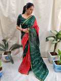 Green And Red Pure Silk Original Bandhani Saree