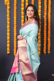 Sky Blue Handloom Silk Kanjivaram Saree With Zari Weaving