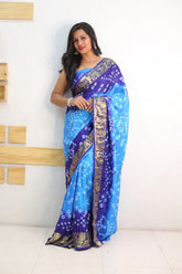Sky Pure Bandhani Silk Saree Made By Original Bandhej With Zari Weaving