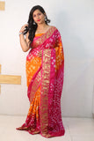 Pink And Orange Pure Bandhani Silk Saree Made By Original Bandhej With Zari Weaving