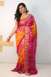 Pink And Orange Pure Bandhani Silk Saree Made By Original Bandhej With Zari Weaving