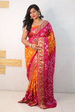 Pink And Orange Pure Bandhani Silk Saree Made By Original Bandhej With Zari Weaving