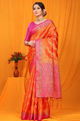Orange And Pink Pure Silk Kanjivaram Saree With Zari Weaving