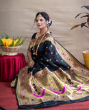 Designer Black Pure Silk Paithani Saree With Meena Work Weaving