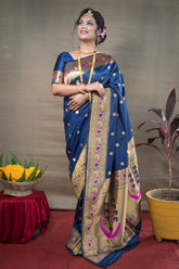 Designer Blue Pure Silk Paithani Saree With Meena Work Weaving