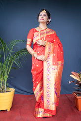 Designer Red Pure Silk Paithani Saree With Meena Work Weaving