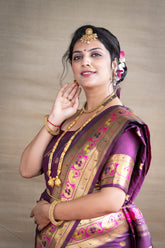 Designer Wine Pure Silk Paithani Saree With Meena Work Weaving