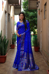 Blue Paithani with Bandhej Saree With Zari Weaving