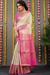 Pure Tissue Silk Cream Kanjivaram Saree Contrast Jari With Figure Design