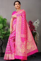 Pink Pure Silk Kanjivaram Saree With Gold Jari Weaving