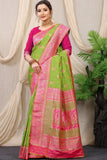 Green Pure Silk Kalamkari Saree Gold Jari With Embossed Design