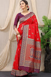 Red Pure Silk Kalamkari Saree Gold Jari With Embossed Design