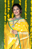 Yellow Pure Lichi Silk Banarasi Saree With Silver Zari Weaving