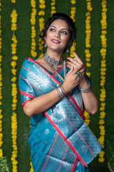 Teal Pure Lichi Silk Banarasi Saree With Silver Zari Weaving