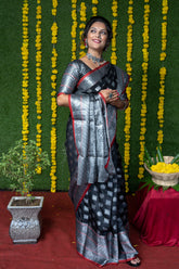 Black Pure Lichi Silk Banarasi Saree With Silver Zari Weaving