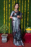 Black Pure Lichi Silk Banarasi Saree With Silver Zari Weaving