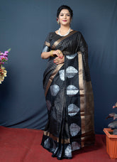 Black Handloom Linen Silk Saree With Silver Zari Weaving