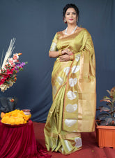 Mahendi Handloom Linen Silk Saree With Silver Zari Weaving