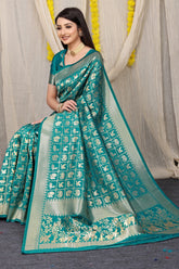Designer Teal Patola Pure Silk Saree With Gold Jari Weaving