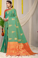 Sky Green Beautiful Pure Silk Banarasi Saree With Copper Zari Work