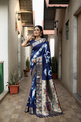 Blue Beautiful Soft Silk Sibory Print With Gold Zari & Minakari Weaving