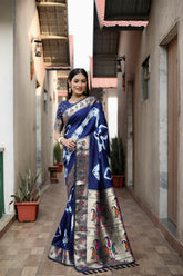 Blue Beautiful Soft Silk Sibory Print With Gold Zari & Minakari Weaving