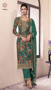 Heavy Chinon With Multi Digital Print With Sequence Embroidery Stich Work Suit