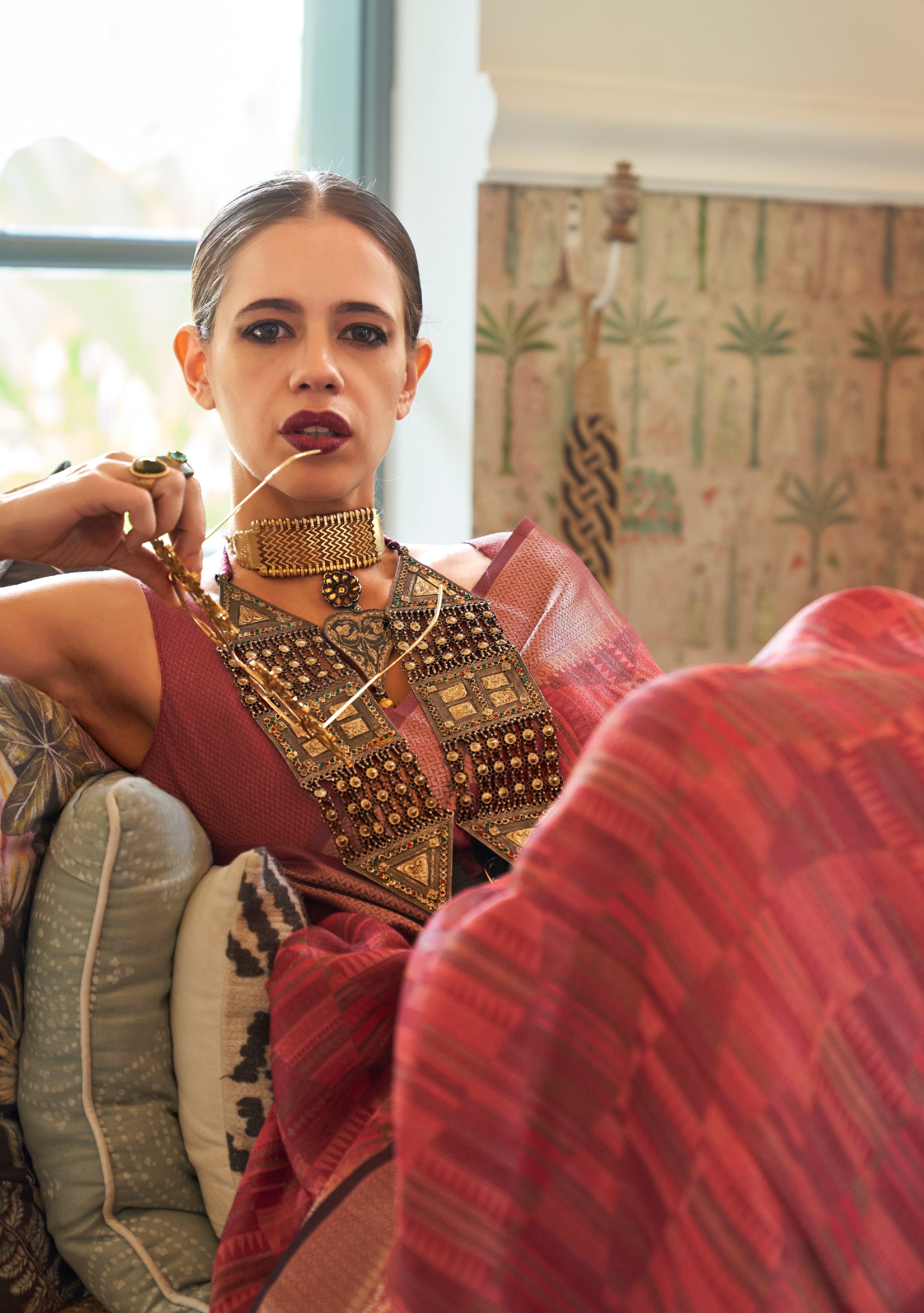 Kalki Koechlin Red Designer Organza Saree Collection