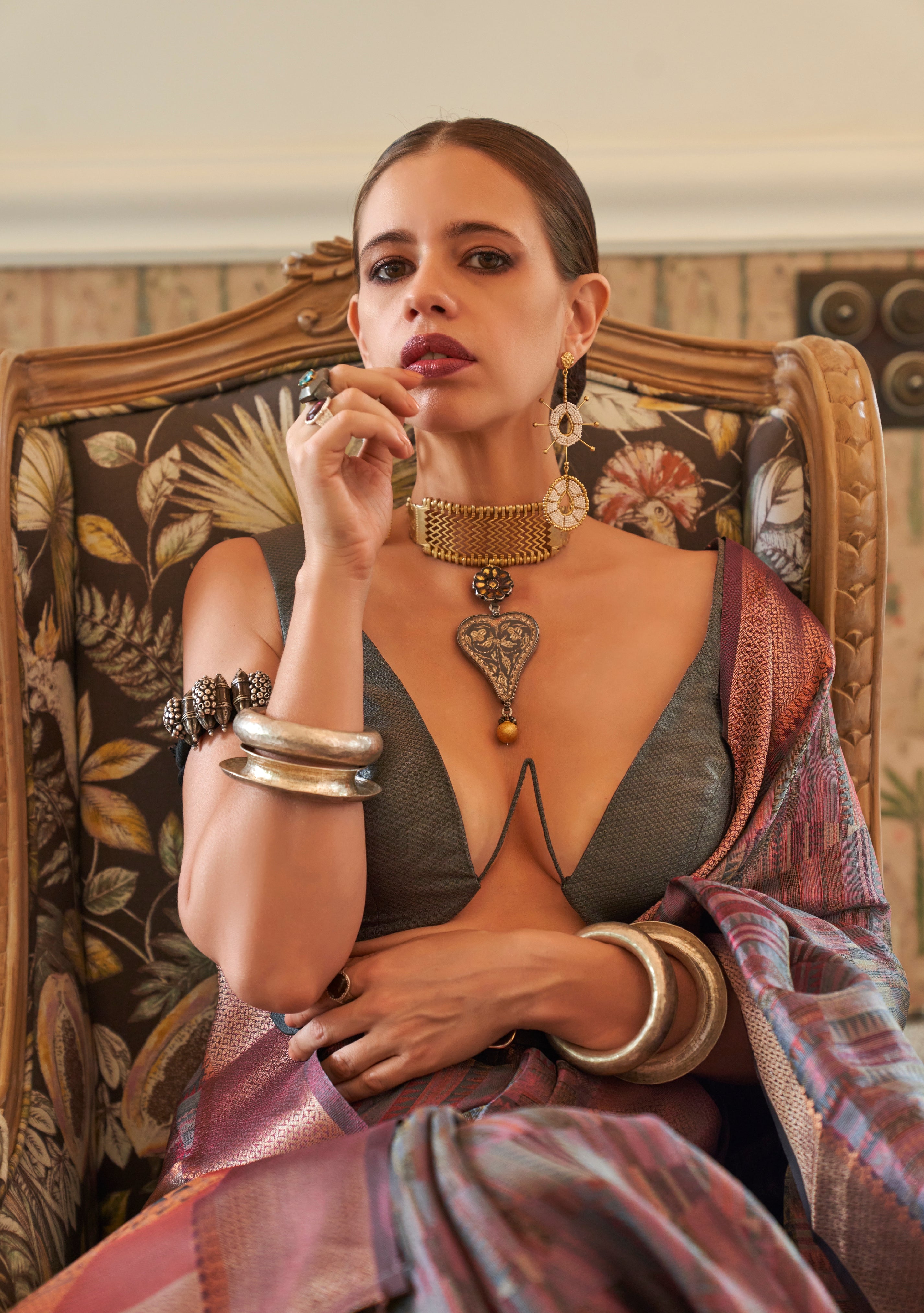 Kalki Koechlin Grey Designer Organza Saree Collection