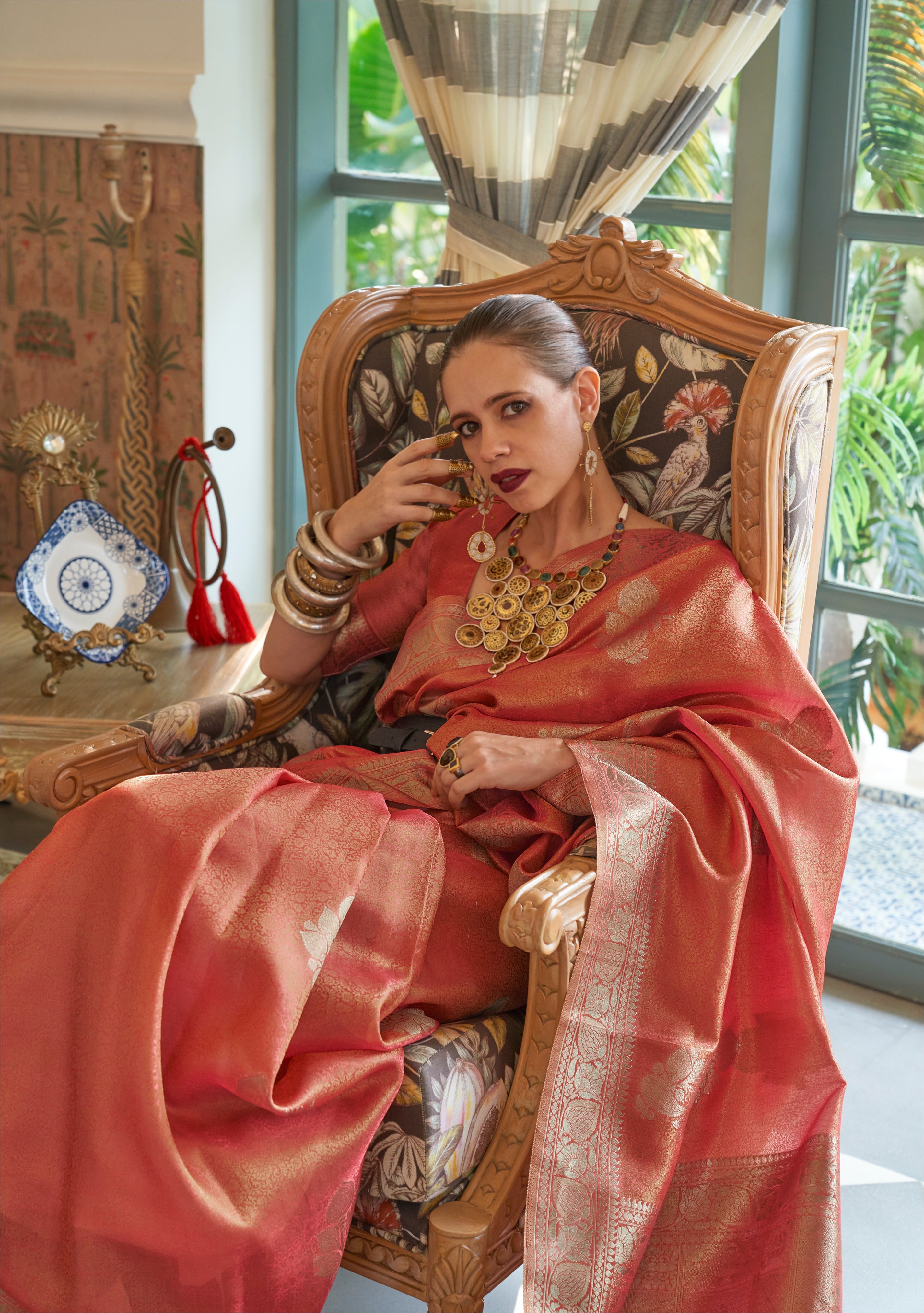 Kalki Koechlin Orchid Orange Designer Handloom Saree Collection With Zari Weaving