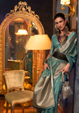 Teal Designer Handloom Organza Saree With Zari Weaving