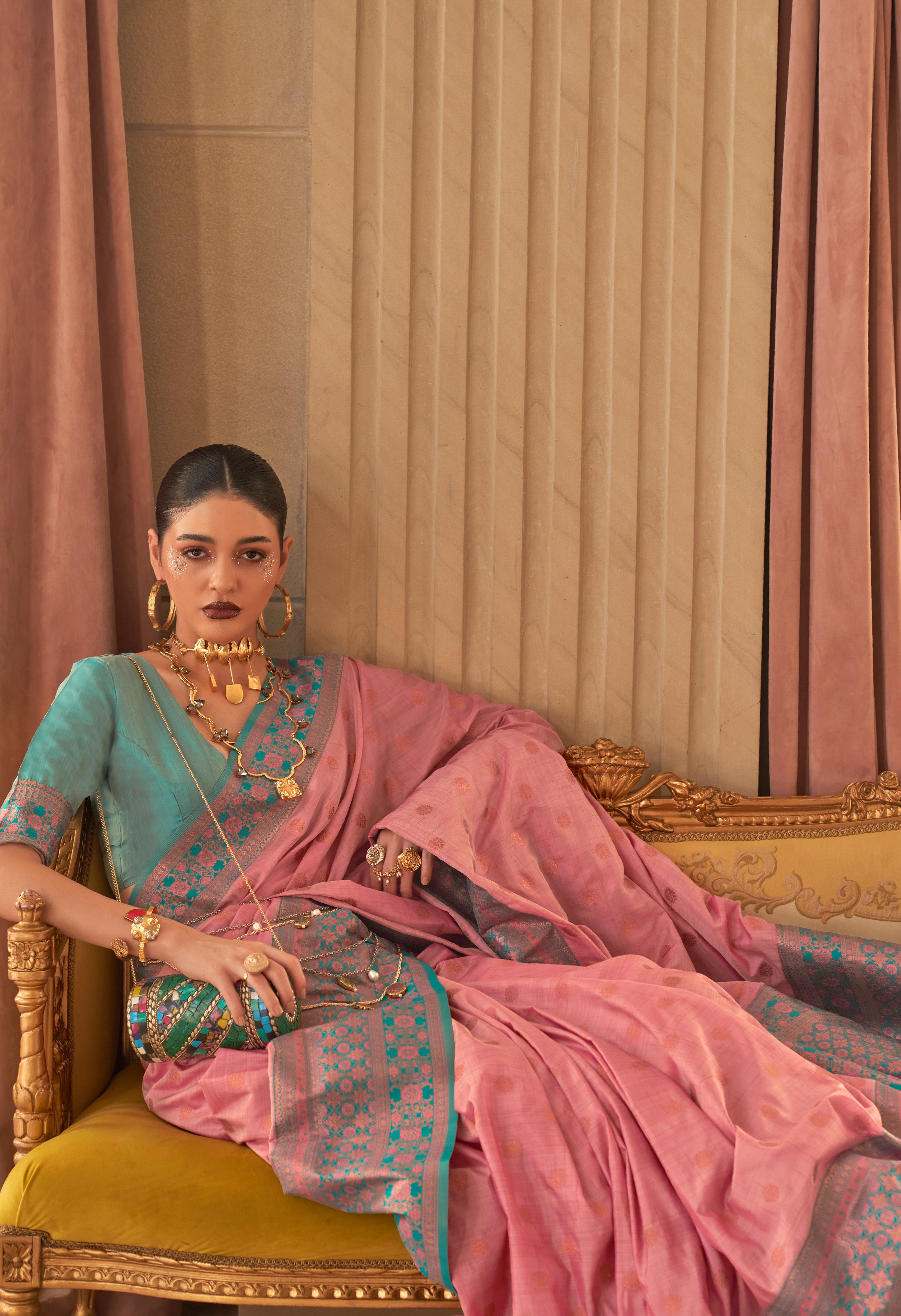 Pink And Green Bamboo Handloom Silk Saree With Zari Weaving