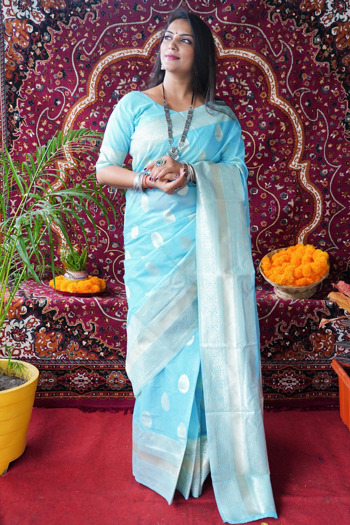 Sky Blue Pure Linen Saree With Silver Zari Weaving