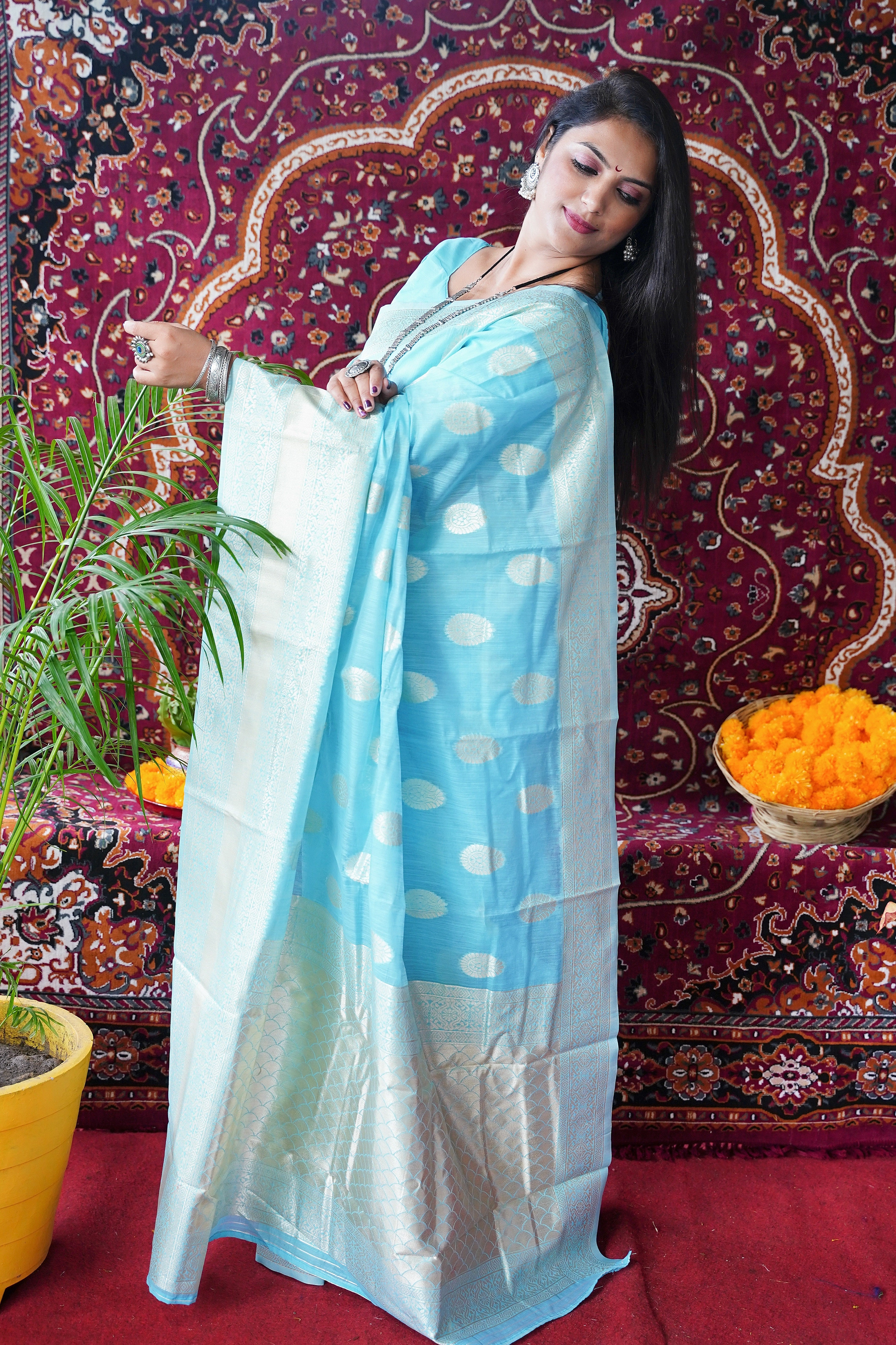 Sky Blue Pure Linen Saree With Silver Zari Weaving