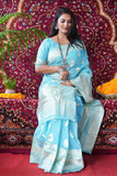 Sky Blue Pure Linen Saree With Silver Zari Weaving